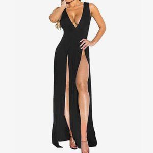 LEG AVENUE Bandage Side Split V Neck Maxi Dress | Black | WS/P | NWT
